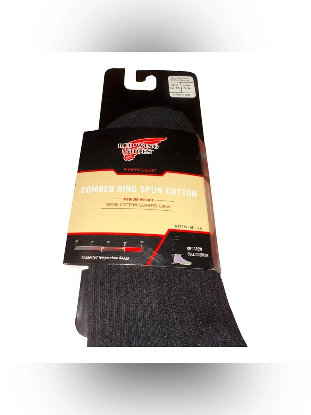 Red Wing Everyday Crew Socks Work Cotton Quarter Crew Mens Size 12-15 Black USA